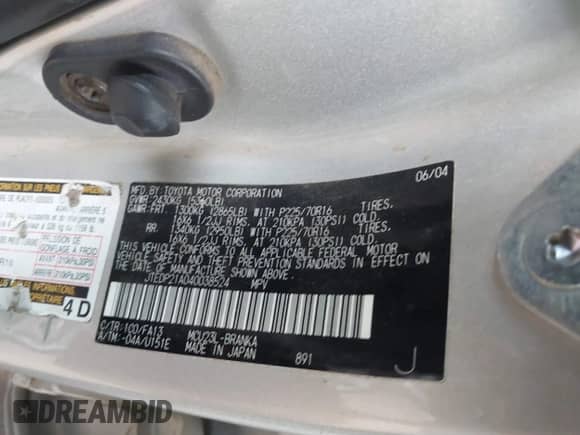 2004 Toyota Highlander Limited with VIN JTEDP21A040038524, listed as a IAAI auction lot 43243259 with Not provided miles and . Bid and sale history available at DreamBid. Image 9.