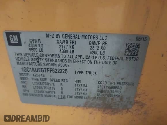 2015 Chevrolet Silverado 2500HD Work Truck z VIN 1GC1KUEG7FF622225, wystawiony jako IAAI lot #42516923 z przebiegiem 71 555 mil mil oraz . Historia ofert i sprzedaży dostępna na DreamBid. Obrazek 9.