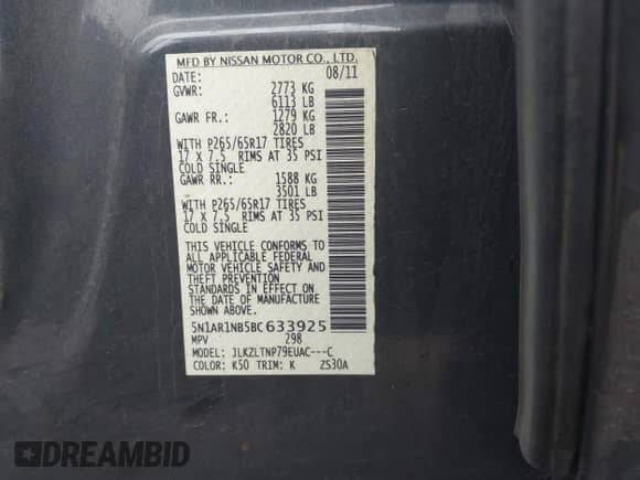 2011 Nissan Pathfinder Silver with VIN 5N1AR1NB5BC633925, listed as a IAAI auction lot 42171372 with 236,727 mi miles and . Bid and sale history available at DreamBid. Image 9.