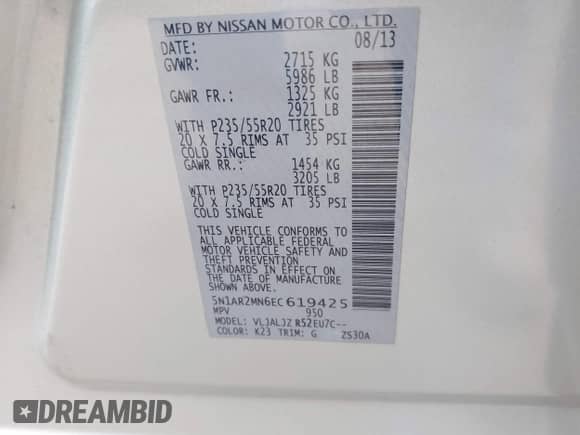 2014 Nissan Pathfinder SV with VIN 5N1AR2MN6EC619425, listed as a IAAI auction lot 41744627 with 162,340 mi miles and . Bid and sale history available at DreamBid. Image 9.