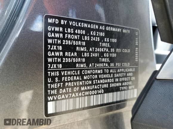 2012 Volkswagen Tiguan S с VIN WVGAV7AX4CW000140, выставлен на аукционе Copart как лот 80901355 с пробегом 133 056 миль миль и Списание • Salvage title. История ставок и продаж доступна на DreamBid. Изображение 13.