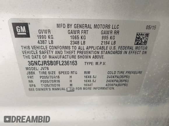 2015 Chevrolet Trax LT с VIN 3GNCJRSB0FL236163, выставлен на аукционе IAAI как лот 42586726 с пробегом 150 121 миль миль и . История ставок и продаж доступна на DreamBid. Изображение 9.