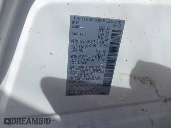 2013 Nissan Pathfinder SL with VIN 5N1AR2MN5DC667576, listed as a IAAI auction lot 43445497 with 209,724 mi miles and . Bid and sale history available at DreamBid. Image 9.