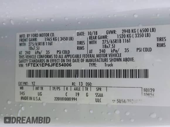 2018 Ford F-150 XL с VIN 1FTEX1EP6JFE54006, выставлен на аукционе IAAI как лот 42869052 с пробегом 211 472 миль миль и . История ставок и продаж доступна на DreamBid. Изображение 9.