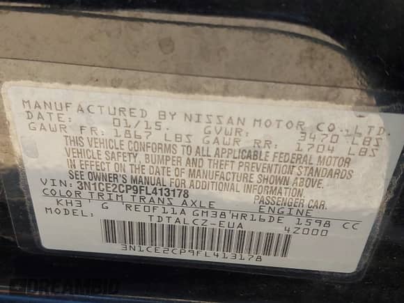 2015 Nissan Note S Plus with VIN 3N1CE2CP9FL413178, listed as a IAAI auction lot 43002342 with Not provided miles and . Bid and sale history available at DreamBid. Image 9.