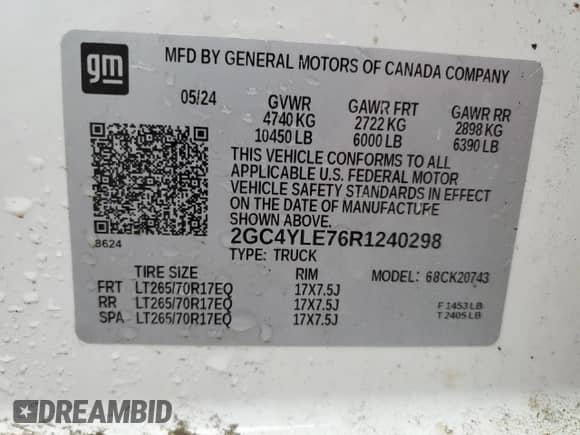 2024 Chevrolet Silverado 2500HD Work Truck z VIN 2GC4YLE76R1240298, wystawiony jako Copart lot #58204195 z przebiegiem 23 460 mil mil oraz Szkoda całkowita • Salvage title. Historia ofert i sprzedaży dostępna na DreamBid. Obrazek 13.