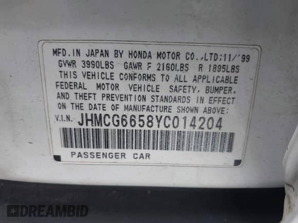 2000 Honda Accord LX z VIN JHMCG6658YC014204, wystawiony jako IAAI lot #43504499 z przebiegiem 115 412 mil mil oraz . Historia ofert i sprzedaży dostępna na DreamBid. Obrazek 9.