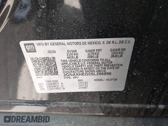 2025 Chevrolet Equinox FWD LT с VIN 3GNAXHEG0SL296896, выставлен на аукционе IAAI как лот 42038976 с пробегом 2 222 миль миль и . История ставок и продаж доступна на DreamBid. Изображение 9.