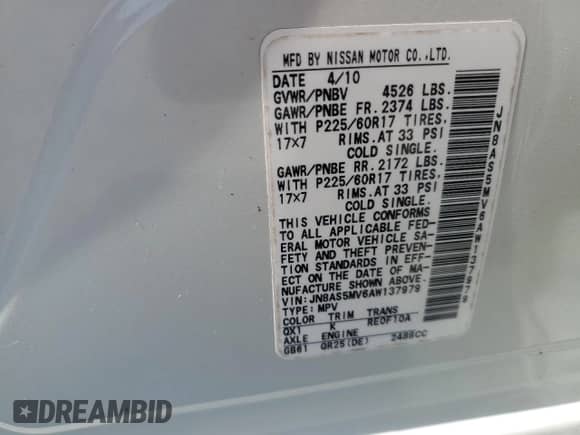 2010 Nissan Rogue SL with VIN JN8AS5MV6AW137979, listed as a Copart auction lot 85841765 with 235,933 mi miles and Salvage title. Bid and sale history available at DreamBid. Image 12.