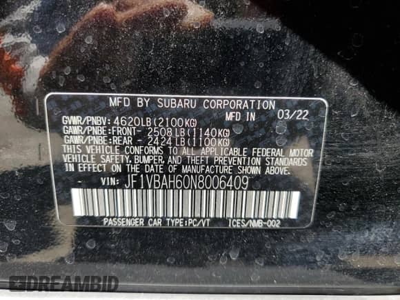 2022 Subaru WRX Premium with VIN JF1VBAH60N8006409, listed as a Copart auction lot 64672775 with 101,721 mi miles and Salvage title. Bid and sale history available at DreamBid. Image 12.