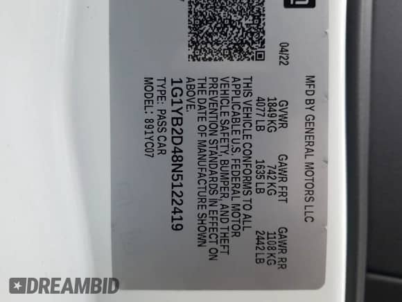 2022 Chevrolet Corvette 2LT with VIN 1G1YB2D48N5122419, listed as a Copart auction lot 41087464 with 25,062 mi miles and . Bid and sale history available at DreamBid. Image 12.