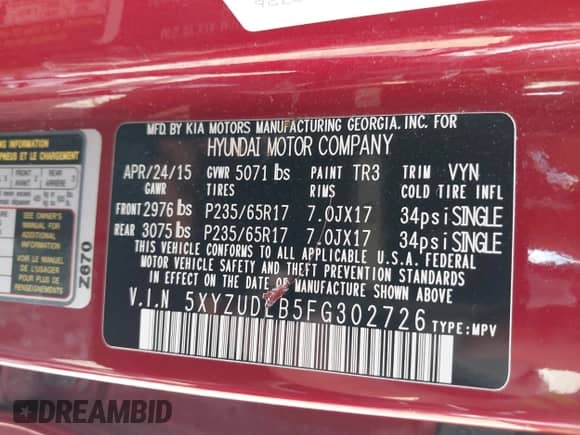 2015 Hyundai Santa Fe with VIN 5XYZUDLB5FG302726, listed as a IAAI auction lot 42947839 with 136,845 mi miles and . Bid and sale history available at DreamBid. Image 9.