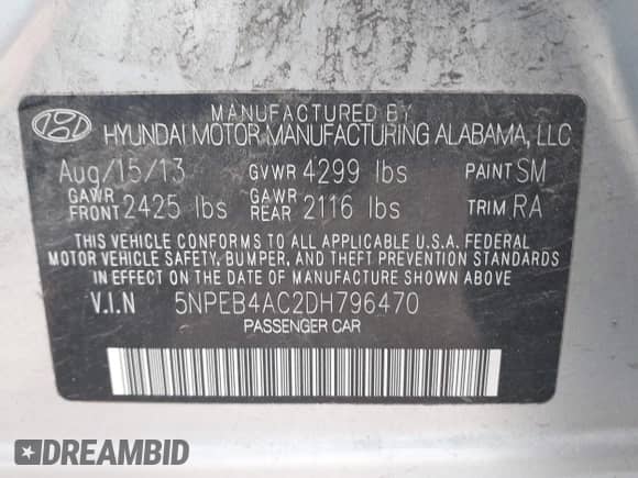 2013 Hyundai Sonata GLS z VIN 5NPEB4AC2DH796470, wystawiony jako IAAI lot #43499428 z przebiegiem 108 005 mil mil oraz . Historia ofert i sprzedaży dostępna na DreamBid. Obrazek 9.