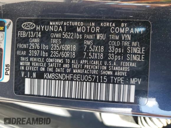 2014 Hyundai Santa Fe Limited с VIN KM8SNDHF6EU057115, выставлен на аукционе Copart как лот 70477405 с пробегом 128 959 миль миль и Чистый • Clean title. История ставок и продаж доступна на DreamBid. Изображение 13.