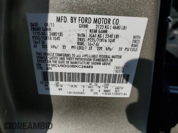 2011 Ford Escape XLT with VIN 1FMCU9DG3BKC24489, listed as a Copart auction lot 72037215 with 163,399 mi miles and Clean title. Bid and sale history available at DreamBid. Image 13.