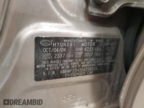 2005 Hyundai Sonata GL с VIN KMHWF25H35A158526, выставлен на аукционе Copart как лот 65609115 с пробегом 205 286 миль миль и На запчасти • Non repairable. История ставок и продаж доступна на DreamBid. Изображение 12.