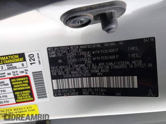 2016 Toyota Sienna XLE with VIN 5TDYK3DC8GS738204, listed as a IAAI auction lot 41105430 with 109,248 mi miles and . Bid and sale history available at DreamBid. Image 9.