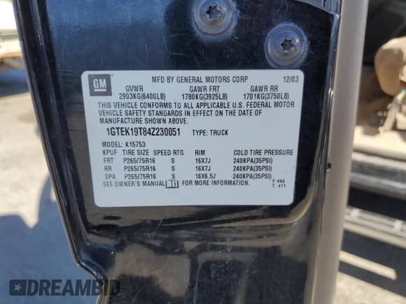 2004 GMC Sierra 1500 SLT z VIN 1GTEK19T84Z230051, wystawiony jako Copart lot #69523035 z przebiegiem 313 686 mil mil oraz Szkoda całkowita • Salvage title. Historia ofert i sprzedaży dostępna na DreamBid. Obrazek 12.