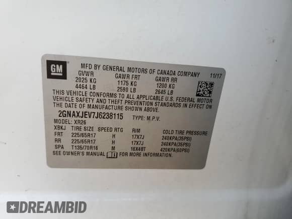 2018 Chevrolet Equinox LT with VIN 2GNAXJEV7J6238115, listed as a Copart auction lot 67173255 with 59,995 mi miles and Clean title. Bid and sale history available at DreamBid. Image 13.