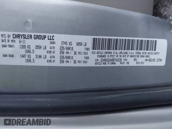 2011 Dodge Grand Caravan Mainstreet with VIN 2D4RN3DG4BR743239, listed as a IAAI auction lot 43437423 with 133,069 mi miles and . Bid and sale history available at DreamBid. Image 9.