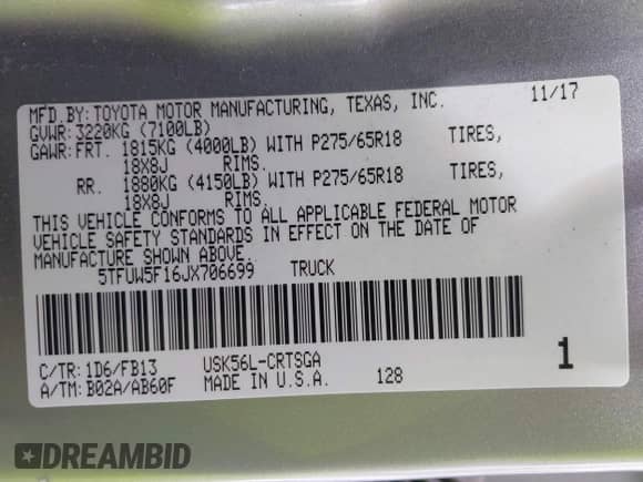 2018 Toyota Tundra SR с VIN 5TFUW5F16JX706699, выставлен на аукционе IAAI как лот 39794182 с пробегом 97 509 миль миль и . История ставок и продаж доступна на DreamBid. Изображение 9.