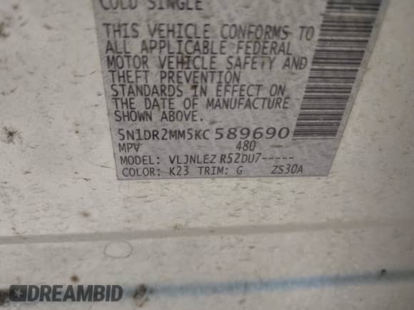 2019 Nissan Pathfinder SL with VIN 5N1DR2MM5KC589690, listed as a IAAI auction lot 42072152 with 123,579 mi miles and . Bid and sale history available at DreamBid. Image 9.