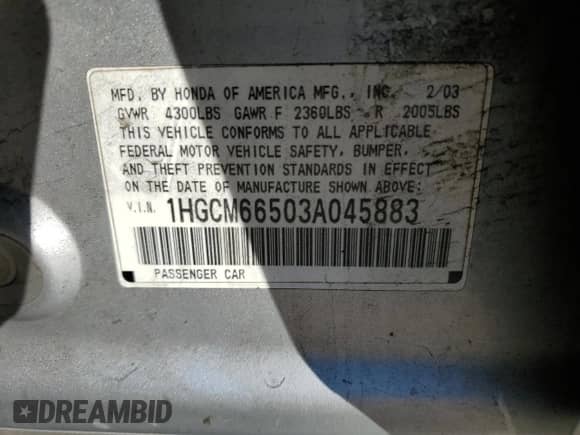 2003 Honda Accord EX with VIN 1HGCM66503A045883, listed as a Copart auction lot 87082255 with 180,389 mi miles and Clean title. Bid and sale history available at DreamBid. Image 12.