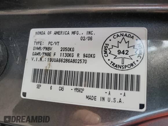 2006 Acura TL with VIN 19UUA66286A802570, listed as a Copart auction lot 85396005 with 246,052 mi miles and Clean title. Bid and sale history available at DreamBid. Image 12.