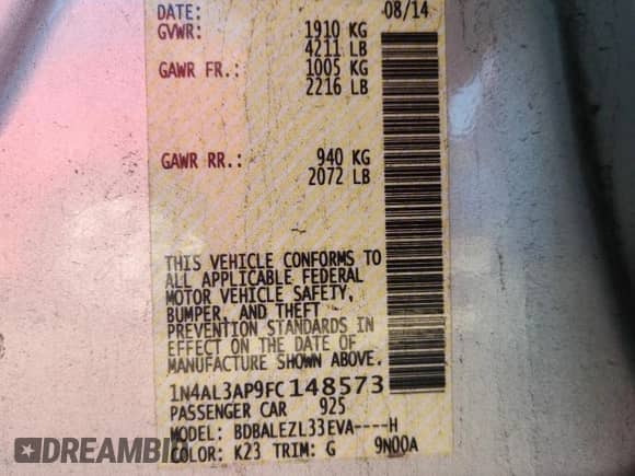 2015 Nissan Altima SV с VIN 1N4AL3AP9FC148573, выставлен на аукционе Copart как лот 84448535 с пробегом 153 169 миль миль и Чистый • Clean title. История ставок и продаж доступна на DreamBid. Изображение 13.