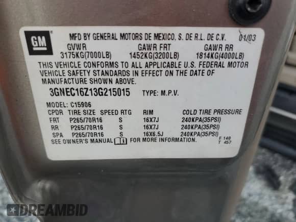 2003 Chevrolet Suburban LT z VIN 3GNEC16Z13G215015, wystawiony jako Copart lot #71533544 z przebiegiem 430 252 mil mil oraz Szkoda całkowita • Salvage title. Historia ofert i sprzedaży dostępna na DreamBid. Obrazek 16.