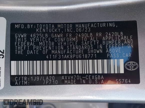 2023 Toyota Camry Hybrid XLE с VIN 4T1F31AK8PU618771, выставлен на аукционе IAAI как лот 41923771 с пробегом 9 333 миль миль и . История ставок и продаж доступна на DreamBid. Изображение 9.