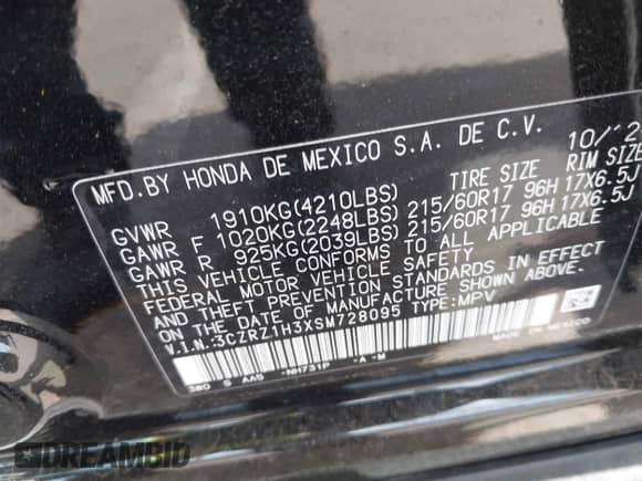 2025 Honda HR-V LX with VIN 3CZRZ1H3XSM728095, listed as a IAAI auction lot 42817468 with 4,116 mi miles and . Bid and sale history available at DreamBid. Image 9.