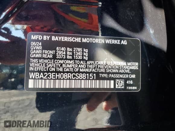 2024 BMW 7 Series 740i с VIN WBA23EH08RCS88151, выставлен на аукционе Copart как лот 83988185 с пробегом 4 435 миль миль и Списание • Salvage title. История ставок и продаж доступна на DreamBid. Изображение 12.
