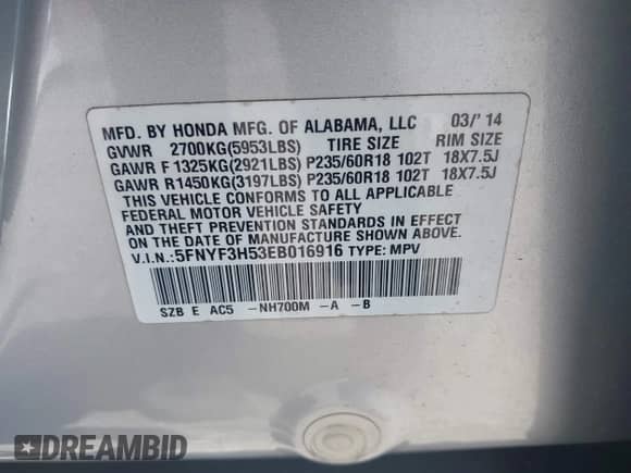 2014 Honda Pilot EX-L z VIN 5FNYF3H53EB016916, wystawiony jako IAAI lot #42387664 z przebiegiem 164 347 mil mil oraz . Historia ofert i sprzedaży dostępna na DreamBid. Obrazek 9.