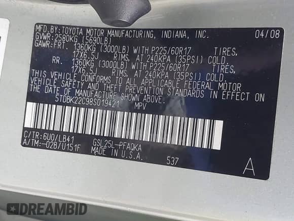 2008 Toyota Sienna XLE с VIN 5TDBK22C98S019421, выставлен на аукционе IAAI как лот 42037261 с пробегом 193 589 миль миль и . История ставок и продаж доступна на DreamBid. Изображение 9.