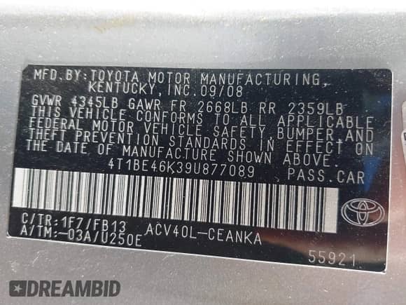 2009 Toyota Camry with VIN 4T1BE46K39U877089, listed as a IAAI auction lot 42825552 with 163,564 mi miles and . Bid and sale history available at DreamBid. Image 9.