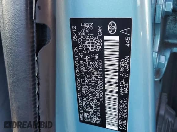 2012 Toyota Prius One с VIN JTDKDTB30C1011682, выставлен на аукционе Copart как лот 87468755 с пробегом 246 669 миль миль и Списание • Salvage title. История ставок и продаж доступна на DreamBid. Изображение 12.