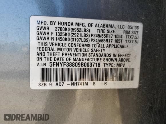 2009 Honda Pilot Touring with VIN 5FNYF38809B003718, listed as a Copart auction lot 82214735 with 163,001 mi miles and Clean title. Bid and sale history available at DreamBid. Image 13.