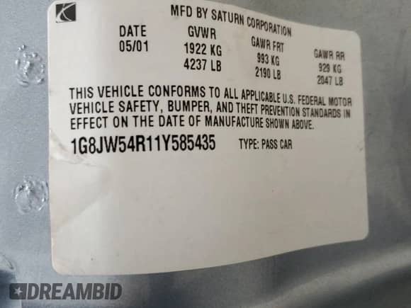 2001 Saturn LS with VIN 1G8JW54R11Y585435, listed as a Copart auction lot 82021364 with 153,436 mi miles and Salvage title. Bid and sale history available at DreamBid. Image 14.