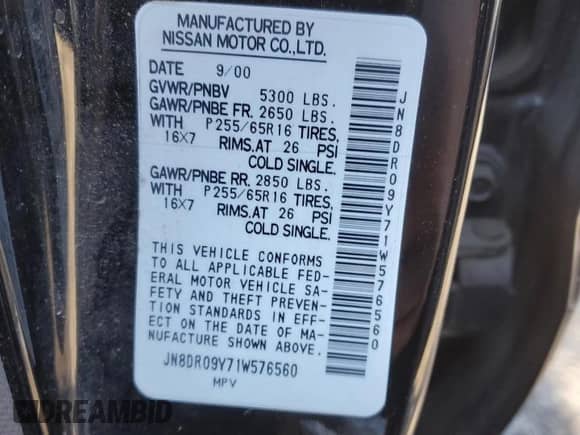 2001 Nissan Pathfinder LE с VIN JN8DR09Y71W576560, выставлен на аукционе Copart как лот 88561345 с пробегом 67 263 миль миль и Списание • Salvage title. История ставок и продаж доступна на DreamBid. Изображение 15.