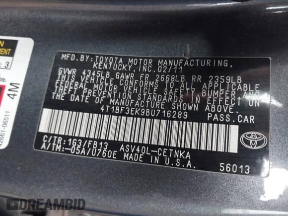 2011 Toyota Camry LE с VIN 4T1BF3EK9BU716289, выставлен на аукционе IAAI как лот 43137612 с пробегом Не указан миль и . История ставок и продаж доступна на DreamBid. Изображение 9.