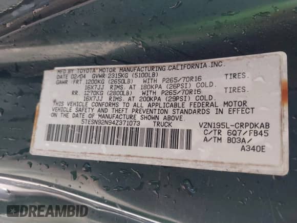 2004 Toyota Tacoma PreRunner с VIN 5TESN92N94Z371073, выставлен на аукционе IAAI как лот 41747577 с пробегом 156 221 миль миль и . История ставок и продаж доступна на DreamBid. Изображение 9.