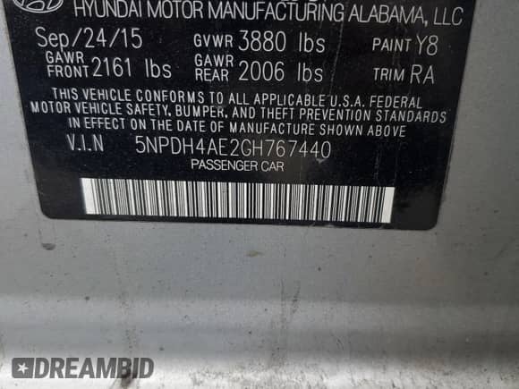 2016 Hyundai Elantra SE with VIN 5NPDH4AE2GH767440, listed as a Copart auction lot 86408965 with 86,020 mi miles and Salvage title. Bid and sale history available at DreamBid. Image 12.