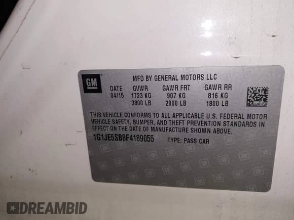 2015 Chevrolet Sonic LTZ with VIN 1G1JE5SB8F4189055, listed as a IAAI auction lot 42150455 with 107,925 mi miles and . Bid and sale history available at DreamBid. Image 9.
