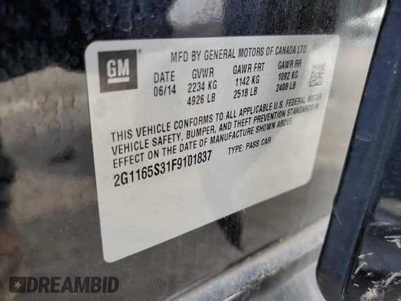 2015 Chevrolet Impala LTZ with VIN 2G1165S31F9101837, listed as a Copart auction lot 81938405 with Not provided miles and Salvage title. Bid and sale history available at DreamBid. Image 13.