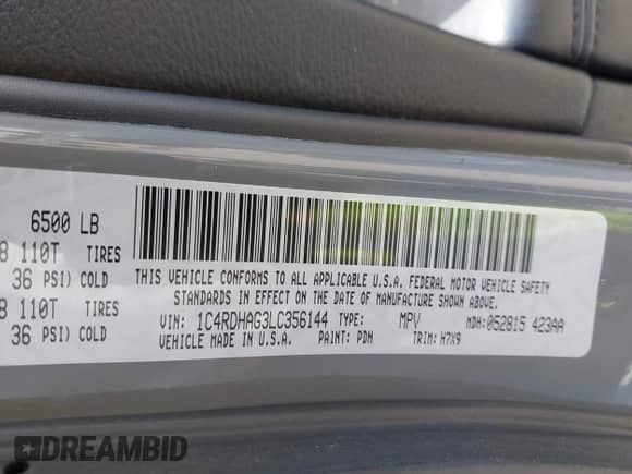 2020 Dodge Durango SXT with VIN 1C4RDHAG3LC356144, listed as a IAAI auction lot 42788332 with 111,292 mi miles and . Bid and sale history available at DreamBid. Image 9.