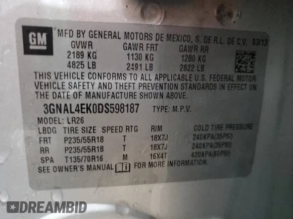 2013 Chevrolet Captiva Sport LTZ с VIN 3GNAL4EK0DS598187, выставлен на аукционе Copart как лот 78989134 с пробегом 107 198 миль миль и Списание • Salvage title. История ставок и продаж доступна на DreamBid. Изображение 13.