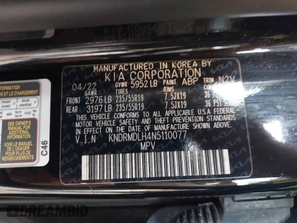 2022 Kia Sorento SX Prestige with VIN KNDRMDLH4N5110077, listed as a IAAI auction lot 41760167 with 26,732 mi miles and . Bid and sale history available at DreamBid. Image 9.