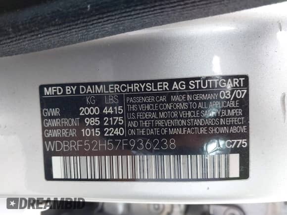 2007 Mercedes-Benz C 230 Sport with VIN WDBRF52H57F936238, listed as a IAAI auction lot 43299123 with Not provided miles and . Bid and sale history available at DreamBid. Image 9.