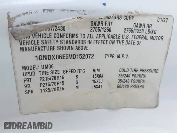 1997 Chevrolet Venture с VIN 1GNDX06E5VD152072, выставлен на аукционе IAAI как лот 42382723 с пробегом 249 460 миль миль и . История ставок и продаж доступна на DreamBid. Изображение 9.